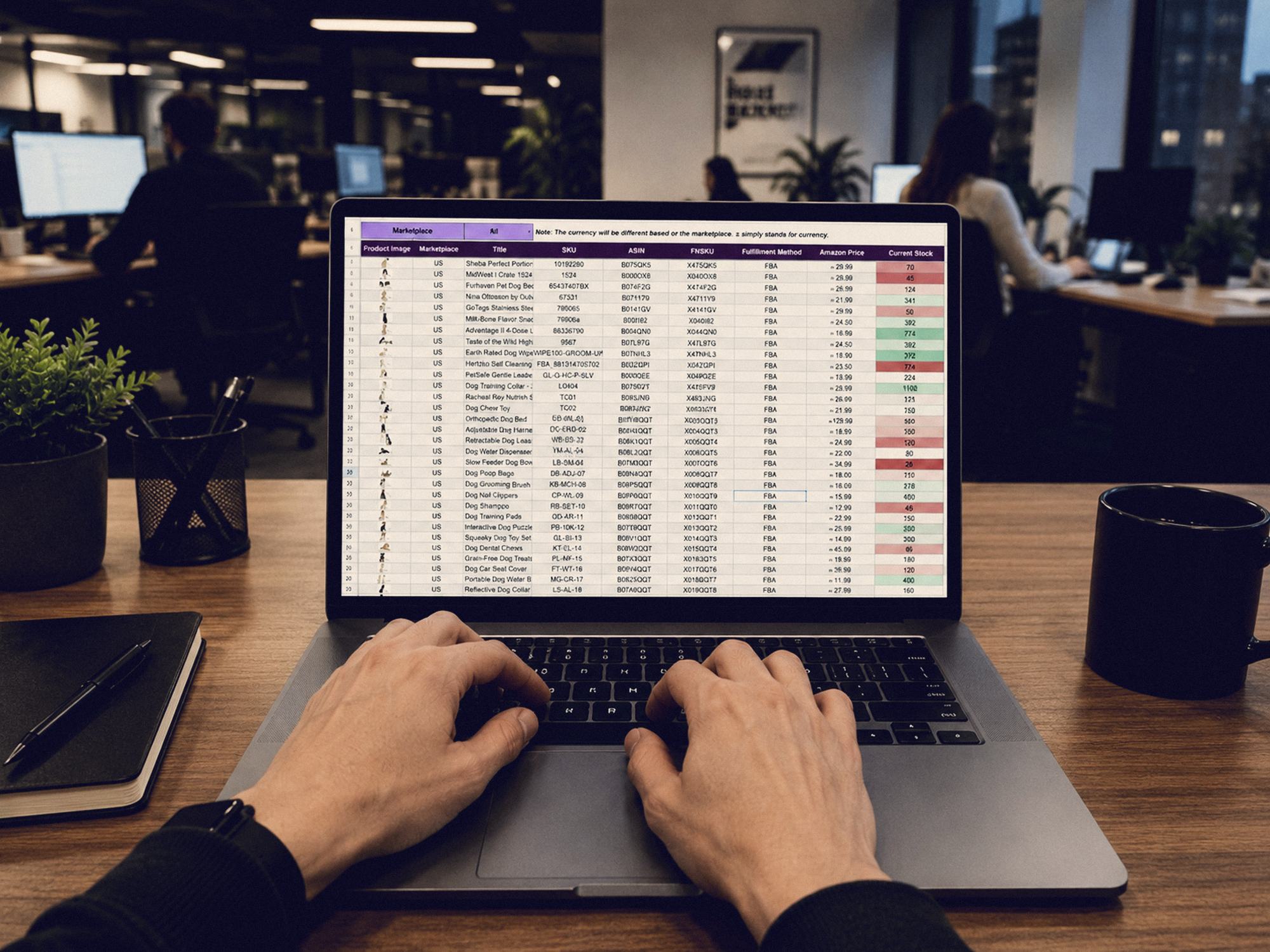 A spreadsheet open on a laptop in an office